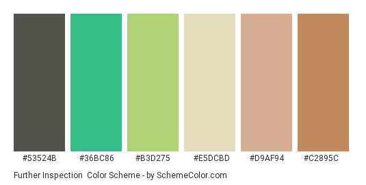 Further Inspection - Color scheme palette thumbnail - #53524b #36bc86 #b3d275 #e5dcbd #d9af94 #c2895c 