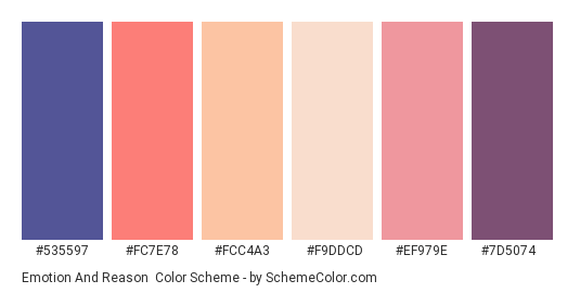 Emotion and Reason - Color scheme palette thumbnail - #535597 #FC7E78 #FCC4A3 #F9DDCD #EF979E #7D5074 