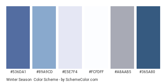 Winter Season - Color scheme palette thumbnail - #536da1 #89a9cd #e5e7f4 #fcfdff #a8aab5 #365a80 