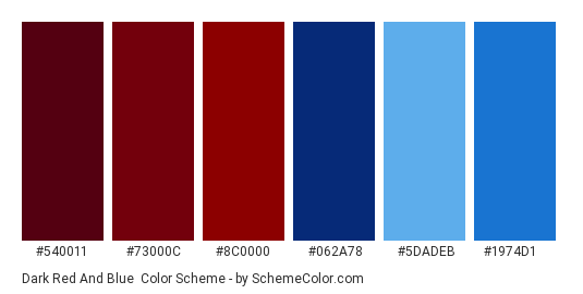 Dark Red and Blue - Color scheme palette thumbnail - #540011 #73000c #8c0000 #062a78 #5dadeb #1974d1 