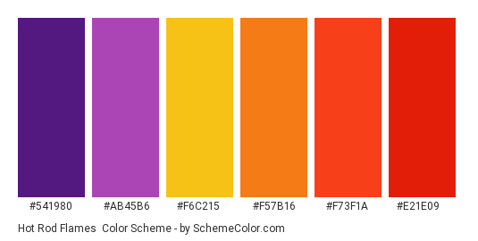 Hot Rod Flames - Color scheme palette thumbnail - #541980 #ab45b6 #f6c215 #f57b16 #f73f1a #e21e09 