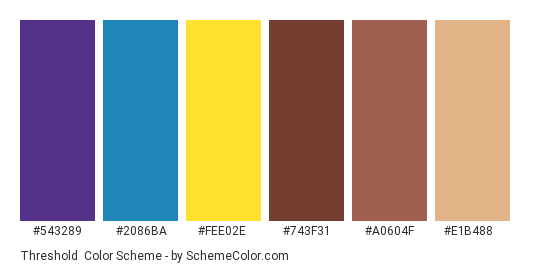 Threshold - Color scheme palette thumbnail - #543289 #2086BA #FEE02E #743F31 #A0604F #E1B488 