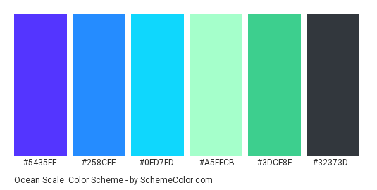 Ocean Scale - Color scheme palette thumbnail - #5435FF #258CFF #0FD7FD #A5FFCB #3DCF8E #32373D 