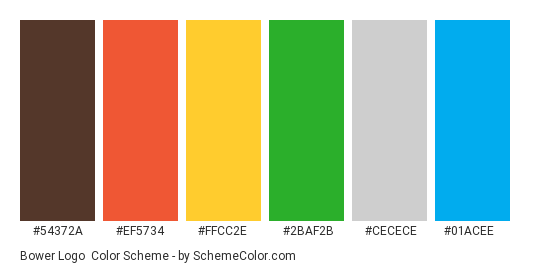 Bower Logo - Color scheme palette thumbnail - #54372a #ef5734 #ffcc2e #2baf2b #cecece #01acee 