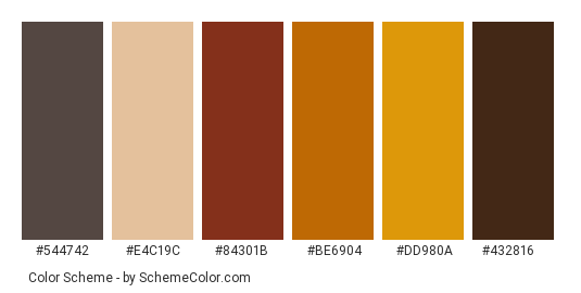 Autumn in Europe - Color scheme palette thumbnail - #544742 #e4c19c #84301b #be6904 #dd980a #432816 