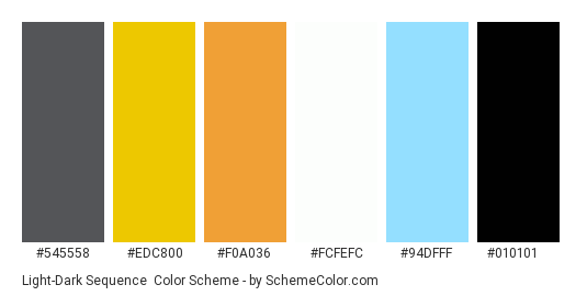 Light-Dark Sequence - Color scheme palette thumbnail - #545558 #EDC800 #F0A036 #FCFEFC #94DFFF #010101 