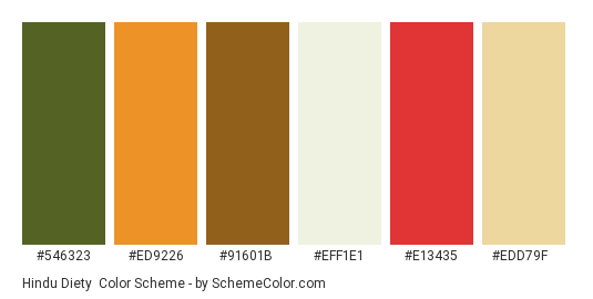 Hindu Diety - Color scheme palette thumbnail - #546323 #ed9226 #91601b #eff1e1 #e13435 #edd79f 