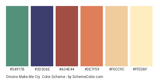 Onions Make Me Cry - Color scheme palette thumbnail - #54917B #3D3D6E #A34E44 #DE7F59 #F0CC9C #FFEDBF 