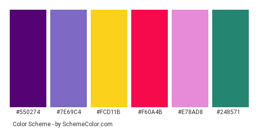 Colorful Balloons - Color scheme palette thumbnail - #550274 #7e69c4 #fcd11b #f60a4b #e78ad8 #248571 