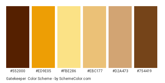 Gatekeeper - Color scheme palette thumbnail - #552000 #ED9E05 #FBE286 #EBC177 #D2A473 #754419 