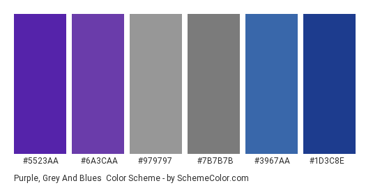 Purple, Grey and Blues - Color scheme palette thumbnail - #5523AA #6A3CAA #979797 #7B7B7B #3967AA #1D3C8E 