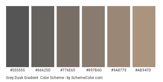 Grey Dusk Gradient - Color scheme palette thumbnail - #555555 #66625D #776E65 #897B6D #9A8775 #AB947D 