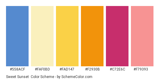 Sweet Sunset - Color scheme palette thumbnail - #558ACF #FAF0BD #FAD147 #F2930B #C72E6C #F79393 