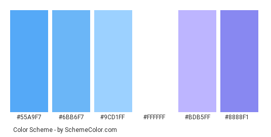 Blue Spring Flowers - Color scheme palette thumbnail - #55a9f7 #6bb6f7 #9cd1ff #ffffff #bdb5ff #8888f1 