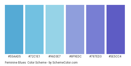Feminine Blues - Color scheme palette thumbnail - #55aad5 #72c1e1 #96d3e7 #8f9edc #787ed3 #5e5cc4 