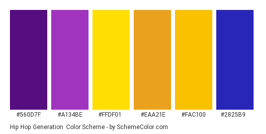 Hip Hop Generation - Color scheme palette thumbnail - #560d7f #a134be #ffdf01 #eaa21e #fac100 #2825b9 