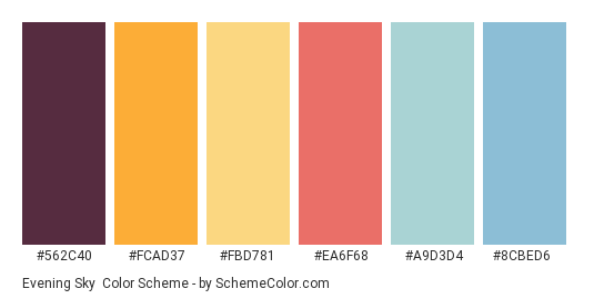 Evening sky - Color scheme palette thumbnail - #562C40 #FCAD37 #FBD781 #EA6F68 #A9D3D4 #8CBED6 
