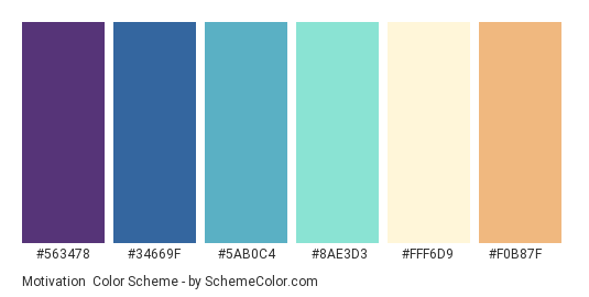 Motivation - Color scheme palette thumbnail - #563478 #34669F #5AB0C4 #8AE3D3 #FFF6D9 #F0B87F 