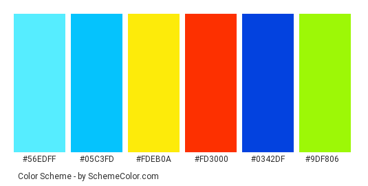 Neons in Japan - Color scheme palette thumbnail - #56EDFF #05C3FD #FDEB0A #FD3000 #0342DF #9DF806 