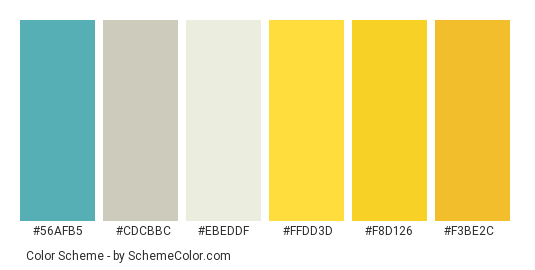 Sunflowers in a Vase - Color scheme palette thumbnail - #56afb5 #cdcbbc #ebeddf #ffdd3d #f8d126 #f3be2c 