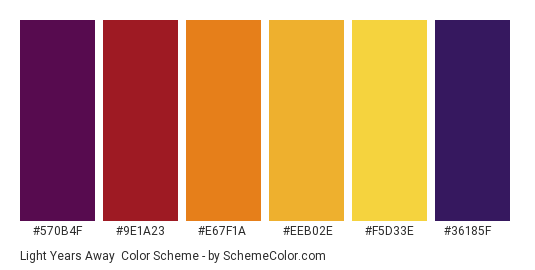 Light Years Away - Color scheme palette thumbnail - #570b4f #9e1a23 #e67f1a #eeb02e #f5d33e #36185f 