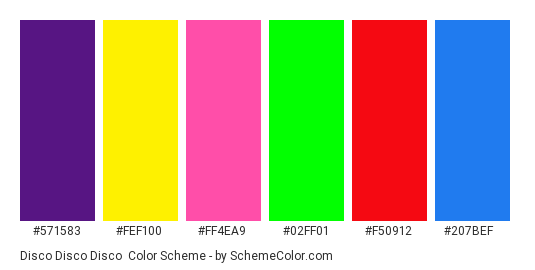 Disco Disco Disco - Color scheme palette thumbnail - #571583 #fef100 #ff4ea9 #02ff01 #f50912 #207bef 