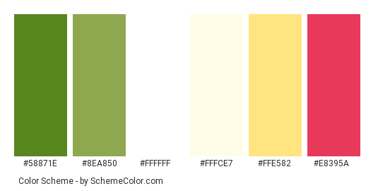 Pear Blossoms - Color scheme palette thumbnail - #58871e #8ea850 #ffffff #fffce7 #ffe582 #e8395a 