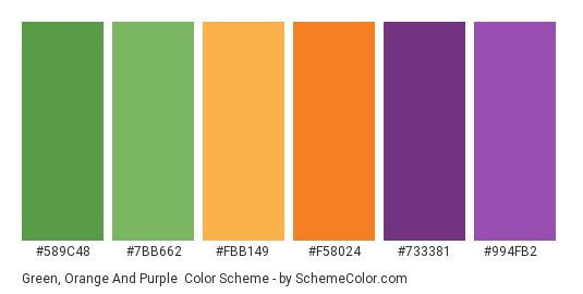 Green, Orange and Purple - Color scheme palette thumbnail - #589C48 #7BB662 #fbb149 #F58024 #733381 #994fb2 