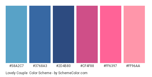 Lovely Couple - Color scheme palette thumbnail - #58A2C7 #3768A3 #2D4B80 #CF4F88 #FF6397 #FF96AA 