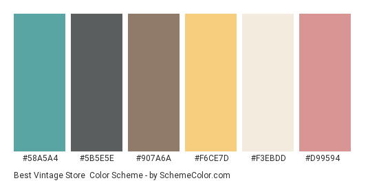Best Vintage Store - Color scheme palette thumbnail - #58A5A4 #5B5E5E #907A6A #F6CE7D #F3EBDD #D99594 