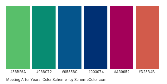 Meeting After Years - Color scheme palette thumbnail - #58BF6A #088C72 #05558C #003074 #a30059 #d25b4b 
