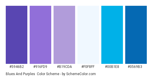 Blues and Purples - Color scheme palette thumbnail - #5946b2 #916fd9 #b19cda #f0f8ff #00b1e8 #0569b3 