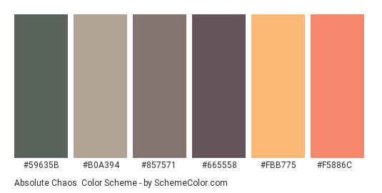 Absolute Chaos - Color scheme palette thumbnail - #59635b #b0a394 #857571 #665558 #fbb775 #f5886c 