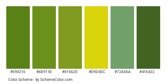 Green Agriculture Fields - Color scheme palette thumbnail - #598216 #6b911b #819a20 #d9d40c #72a06a #416422 