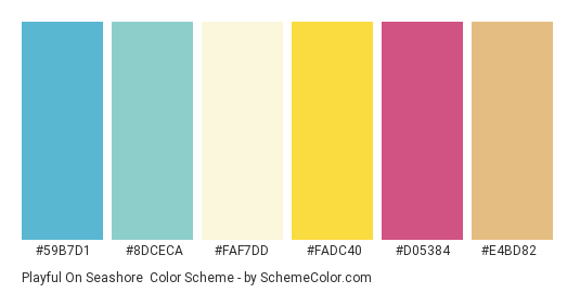Playful on Seashore - Color scheme palette thumbnail - #59b7d1 #8dceca #faf7dd #fadc40 #d05384 #e4bd82 