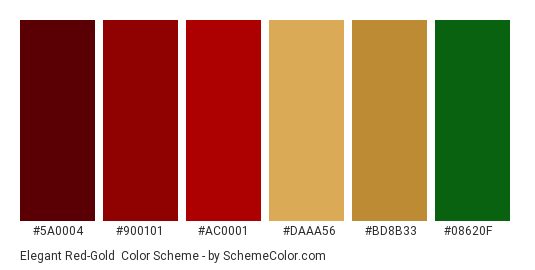 Elegant Red-Gold - Color scheme palette thumbnail - #5A0004 #900101 #AC0001 #DAAA56 #BD8B33 #08620F 