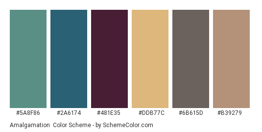 Amalgamation - Color scheme palette thumbnail - #5A8F86 #2A6174 #481E35 #DDB77C #6B615D #B39279 