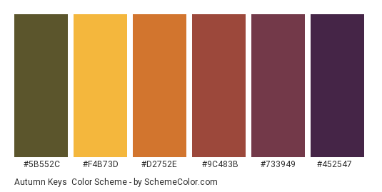 Autumn Keys - Color scheme palette thumbnail - #5B552C #F4B73D #D2752E #9C483B #733949 #452547 