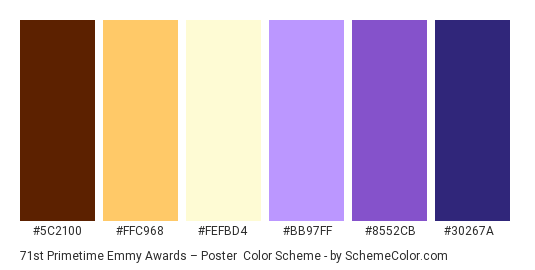 71st Primetime Emmy Awards – Poster - Color scheme palette thumbnail - #5C2100 #FFC968 #FEFBD4 #BB97FF #8552CB #30267A 