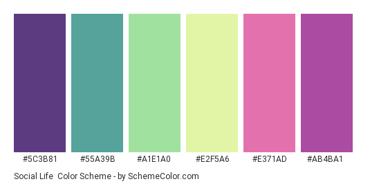 Social Life - Color scheme palette thumbnail - #5C3B81 #55A39B #A1E1A0 #E2F5A6 #E371AD #AB4BA1 
