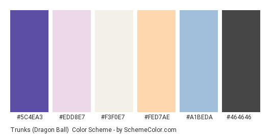 Trunks (Dragon Ball) - Color scheme palette thumbnail - #5C4EA3 #EDD8E7 #F3F0E7 #FED7AE #A1BEDA #464646 
