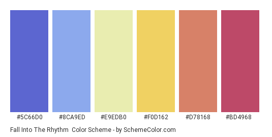Fall into the Rhythm - Color scheme palette thumbnail - #5C66D0 #8CA9ED #E9EDB0 #F0D162 #D78168 #BD4968 
