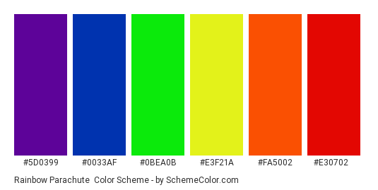 Rainbow Parachute - Color scheme palette thumbnail - #5D0399 #0033AF #0BEA0B #E3F21A #FA5002 #E30702 