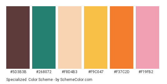 Specialized - Color scheme palette thumbnail - #5D3B3B #268072 #F8D4B3 #F9C047 #F37C2D #F19FB2 
