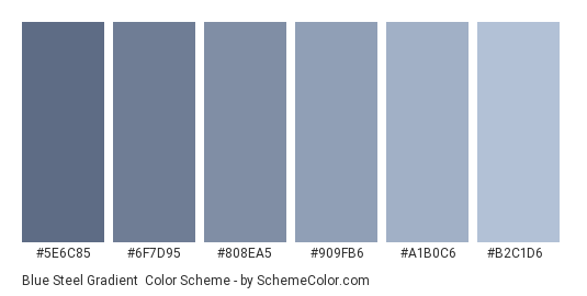 Blue Steel Gradient - Color scheme palette thumbnail - #5E6C85 #6F7D95 #808EA5 #909FB6 #A1B0C6 #B2C1D6 