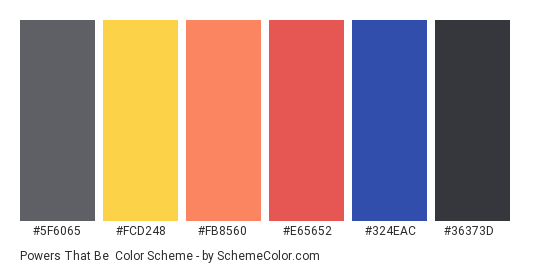 Powers That Be - Color scheme palette thumbnail - #5F6065 #FCD248 #FB8560 #E65652 #324EAC #36373D 