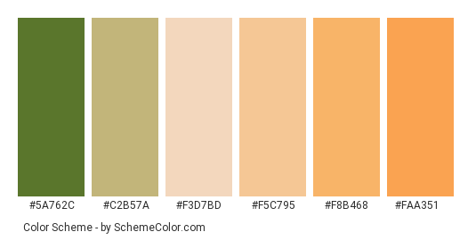Honeydew Melon - Color scheme palette thumbnail - #5a762c #c2b57a #f3d7bd #f5c795 #f8b468 #faa351 