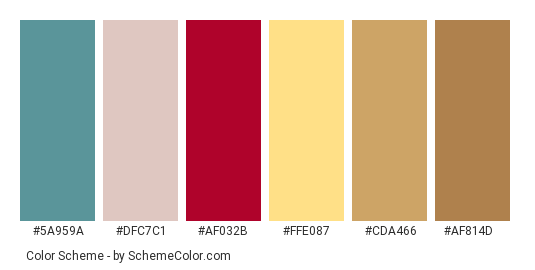 Waiting and Waiting - Color scheme palette thumbnail - #5a959a #dfc7c1 #af032b #ffe087 #cda466 #af814d 