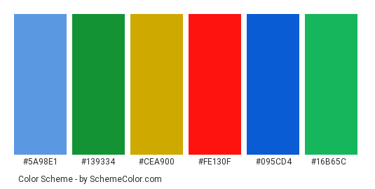 Mario vs Luigi - Color scheme palette thumbnail - #5a98e1 #139334 #cea900 #fe130f #095cd4 #16b65c 