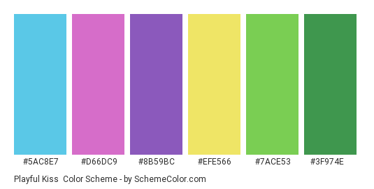 Playful Kiss - Color scheme palette thumbnail - #5ac8e7 #d66dc9 #8b59bc #efe566 #7ace53 #3f974e 